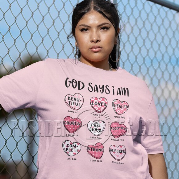 Tops - 15.01.668 👕 God Says "I Am" Valentine Heart Conversation (Sm - 3X) Crew T-Shirt